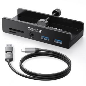 ORICO USB 허브 3.0, 추가 전원 포트가 있는 클램프 허브, USB-A 데이터 2개 알루미늄 C 어댑터, 3.5mm AUX, 데스크탑용 SD /TF 카드 리더(블랙)