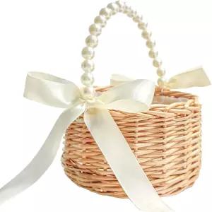 플라워 걸 바구니 손으로 짠 위커 라탄 작은 진주 손잡이 리본 보우 플라스틱 라이너 웨딩 및 홈 데코