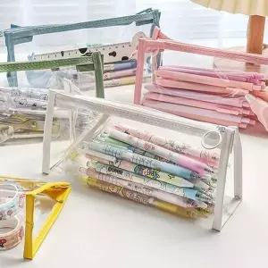파스텔 클리어 필통 PVC 투명 사각 펜 파우