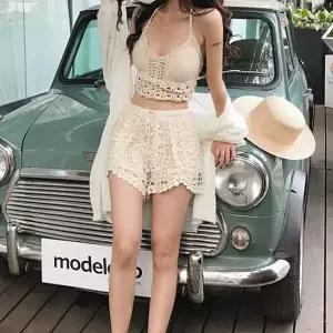 [하프클럽/]여성 레이스 플라워 시스루 팬츠 세트