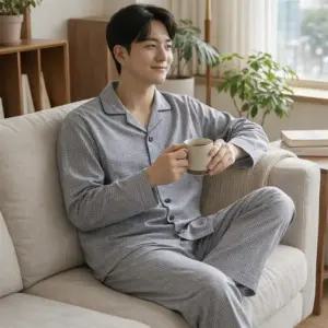 남자 캐주얼 체형커버 잔체크 카라 긴팔 파자마 홈웨어 세트