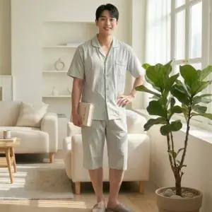 남자 모던 체크 카라 반팔 빅사이즈 파자마 홈웨어 세트