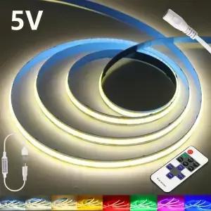 5V 가능 COB LED 스트립 라이트 11키 리모컨 키트 레드 그린 블루 핑크 웜 화이트 8mm PCB 플렉시블 테이프