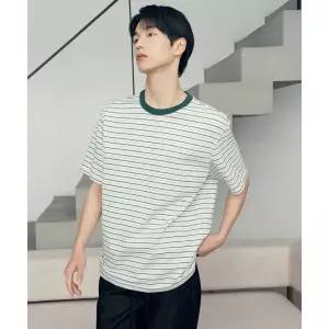 마인드브릿지 그린 멀티 스트라이프 세미 오버핏 반팔티 셔츠 M1TS3104