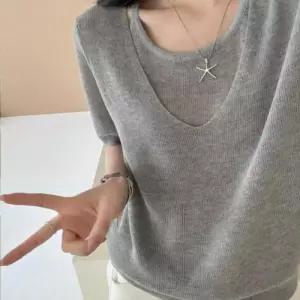 [옷자락]여자 미니멀 체형커버 레이어드 브이넥 반팔 니트