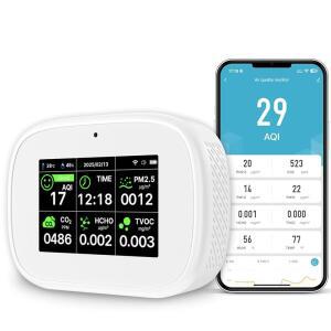 18-IN-1 스마트 공기질 모니터 - 듀얼 칩이 장착된 실내 WIFI 감지기 AQI CO2 PM2.5 PM1.0 PM10 TVOC HCHO 시간 온도 및 습도(화이트-블랙) APP(화이트-블랙)