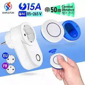 무선 원격 제어 소켓 220V 110V EU FR 스마트 플러그 50m 범위 가전 조명 팬용 전원 콘센트 15A