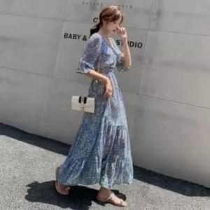 DC 플라워 러플 5부 롱원피스 허리 밴딩 여름 원피스