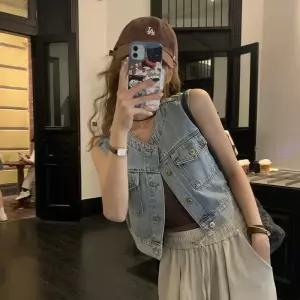 [프리티글라라] 크롭 청 데님 조끼 베스트 여성