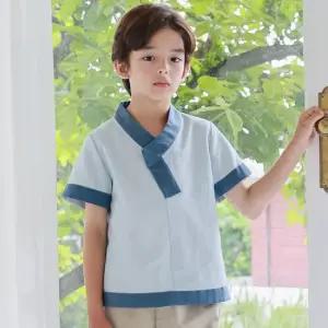 하랑한복 파루뎅이 남아 생활한복 배색 반팔 티셔츠 바지 상하의 세트