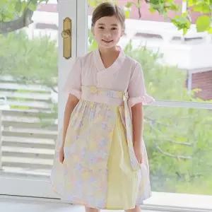 하랑한복 제니뎅이 꽃무늬 배색 포인트 데일리 여아 아동 생활 한복 원피스