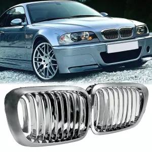 BMW E46 M3 3 용 실버 프론트 후드 그릴 크롬 그릴 메쉬 2개 자동차 글로스 블랙 프론트 범퍼 더블 슬랫 라