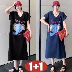 (완전 편한) 150kg까지 빅사이즈 1+1 여성 브이넥 나시 티셔츠 캐릭터 프린트 원피스 여름 편한 옆트임 디
