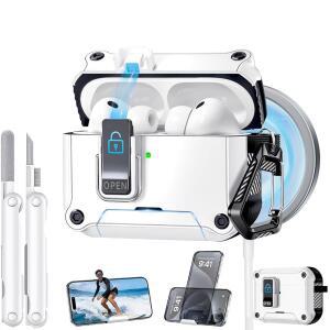 MAGSAFE와 호환되는 AIRPODS PRO 3 케이스 2025용 듀얼 세이프티 락 - 자동 스위치 및 전화 스탠드와 함께 설계되었으며 청소기 열쇠고리 포함 견고한 단단한 껍질 흰색