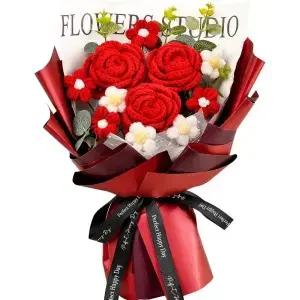 수제 크로셰 레드 로즈 꽃다발 의 날 발렌타인데이 기념일 생일 선물용