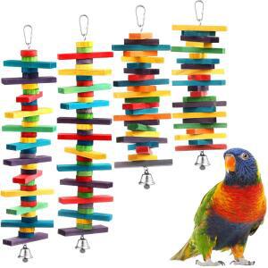 다양한 색상의 나무 블록이 있는 새 비둘기 CONURES 씹는 4개, 잉꼬 찾기, 디자인 먹이를 대형 앵무새 2가지 장난감 물고 중형