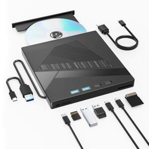 TAOPJWR 7-IN-1 노트북용 외장 CD /DVD 맥 OS와 버너, /8 USB3.0 /CD 및 노트북 데스크톱용 드라이브, 리눅스 DVD 윈도우 플레이어, TYPE-C PC용 /10, XP 호환 카드 리더기 /7 SD 휴대용