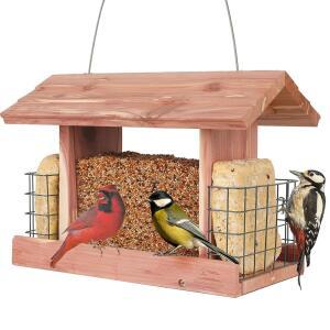 SOLUTION4PATIO 미국 삼나무 호퍼 새 모이통, 스위트 다람쥐 케이지 야생 카디널, 수제 선명한 및 더블 모이통 창문, 방지 목재 핀치, 걸이용, 야외 총칭용