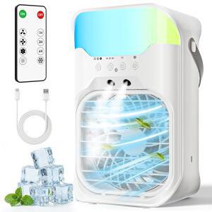 휴대용 에어컨 4-in-1 2.3초 쿨 3개 팬 속도 미스트 2개 포함 1600ML 물탱크 야간 조명 10개 리모컨 객실 자동차 침실 사무실 실외용