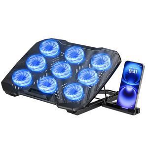 전화 스탠드가 있는 TECKNET 노트북 쿨 패드 LED 조명이 조용한 팬 9개 높이 조절가능 5개 USB 포트 2개 2600RPM 쿨러까지 스텝리스 속도 제어 12-17.3인치 스탠드