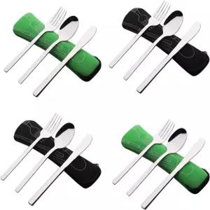 Innouse 12 PCS 여행용 캠핑 커틀러 케이스 세트 4인용 스테인리스 스틸 나이프 포크 스푼 점심 식사용