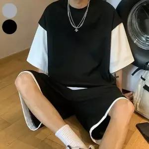 남자 이 배색 와플 반팔 레이어드 반바지 오버핏