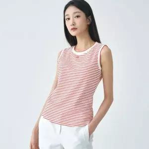 [지센] 자수 스트라이프 배색 슬리브리스 티셔츠 LSTSO453_RE