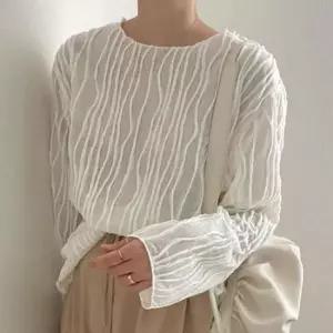 물결 라인 포인트 여성 셔츠 노카라 라운드 오피스룩