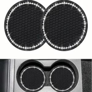 유성 2PCS 블링 카 컵코스터 범용 차량 홀더 인서트 2.75인치 라인스톤 미끄럼 방지 실리콘 대부분의