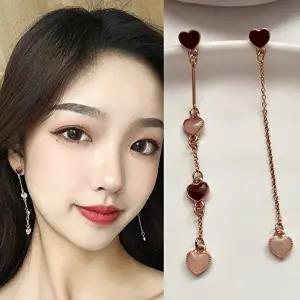 하트 비대칭 드롭 체인 귀걸이 로즈골드-WFNQ9WO