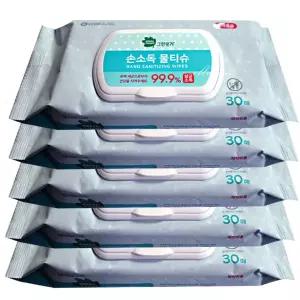 그린핑거 손소독 물티슈 캡형 30매x5개 / 손소독티슈
