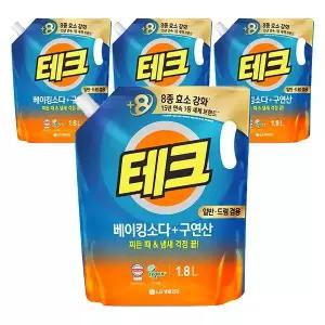테크 베이킹+구연산 액체세제 일반 드럼 겸용 리필 1.8L, 4개