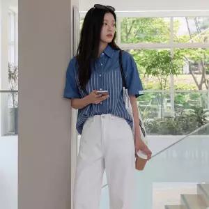 [메르시마리에] 데님 스트라이프 믹스 셔츠 #49918