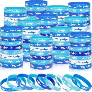 문 보트 74Pcs 상어 실리콘 팔찌 벌크 바다 속 블루와 화이트 오션 고무 손목밴드 파티 굿이백 스터퍼 생일