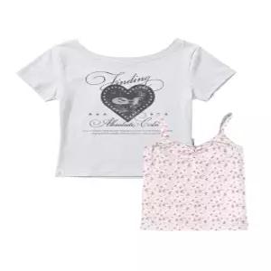 SET 하트 포인트 ESCF 프린트 보트넥 슬림핏 반팔티 화이트멜란지 & 슬리브리스