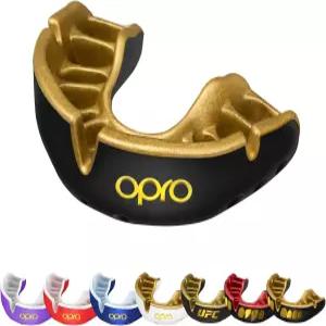 MMA 임팩트 스포츠를 위한 OPRO 골드 레벨 몰드형 마우스 가드 핏 블랙/골드 성인 및 복싱 축구 하키를