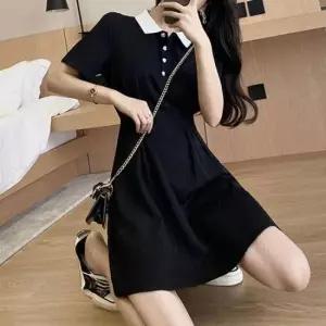 배색 카라 원피스 허리 핀턱 하트단추 블랙 원피스