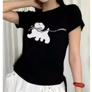 프린팅 반팔 티셔츠 여성 슬림핏 강아지 퍼피 크롭