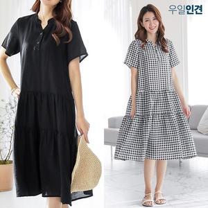 여성 여름 인견 캉캉 반팔 헨리넥 롱 원피스 A라인 데일리 체크 단색 원피스