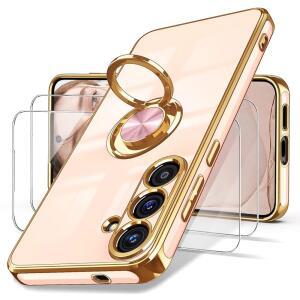 Galaxy S25 Fe 5G Case,, 360 회전식 링 홀더 마그네틱 킥 스탠드 도금 금 엣지 슬림 소프트 TPU 보호 전화 케이스 케이스 커버은 Galaxy S25 Fe Pink