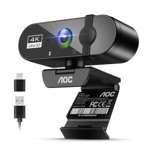 마이크가 있는 PC용 AOC 4k 웹캠, 노이즈 캔슬링 기능이 있는 컴퓨터 카메라, 프라이버시 커버, 99 FOV, 스트리밍, 회의, 줌, 스카이프, 페이스타임, 노트북, PC, 스카이프용 플러그 앤 플레이 USB 웹캠
