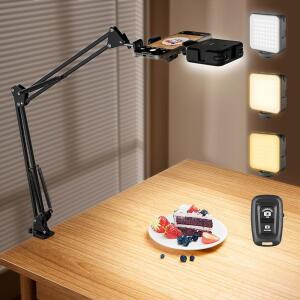 LED 셀카 조명 및 블루투스 리모컨이 스트리밍, 붐 오버헤드 마운트, 링 책상 스탠드, 라이트 충전식 홀더 있는 비디오 폰 틱톡, 암이 라이브 블로깅용 녹화, 유연한 삼각대