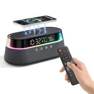 광샹 6-in-1 블루투스 스피커 알람 시계, 리모컨, FM 라디오 및 디밍 가능한 LED 야간 조명, 15W 고속 무선 충전기, 침실 홈 오피스용 듀얼 디지털 그를 위한 이상적인 선물, 남성 여성