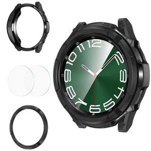 GOTON 삼성 갤럭시 워치 6 클래식 47MM 커버 유리 케이스, 강화 범퍼 + 베젤 견고한 워치6 액정보호필름 2 블랙 링 TPU