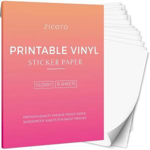 ZICOTO 프리미엄 인쇄 가능한 비닐 스티커 용지 - 잉크젯 또는 프린터용 광택 화이트 21.6 x 27.9cm(8.5 x 11인치) 시트 - 15장의 방수 데칼 페이퍼 시트는 빠르게 건조되고 잉크를 아름답게 유지합니다
