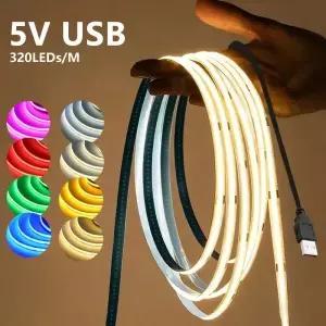 5V USB COB LED 스트립 라이트 리본 테이프 웜 화이트 레드 그린 블루 핑크 옐로우 8mm PCB 플렉시블