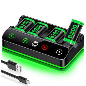 CYOYPPY 충전식 Xbox 컨트롤러 배터리 팩, One 시리즈 X|S용 4x6200mWh 엘리트 컨트롤러용 고속 충전 스테이션이 있는 키트