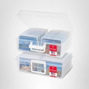 IRIS USA 4인치 x 6인치 | 미국산 손잡이 있는 2팩 사진 정리함 보관함 작업용 내부 케이스 16개 스티커 에페메라 플래시카드 - 클리어