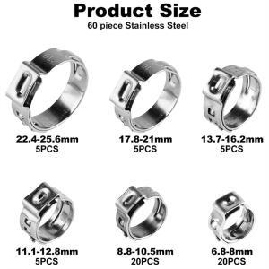 60개 6.8-25.6mm 304 스테인리스 스틸 싱글 이어 호스 클램프 링 키트 배관 파이프 연결용