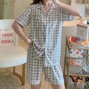 어나더뷰 미니체크그레이 여성 반팔 파자마 상하세트 1003